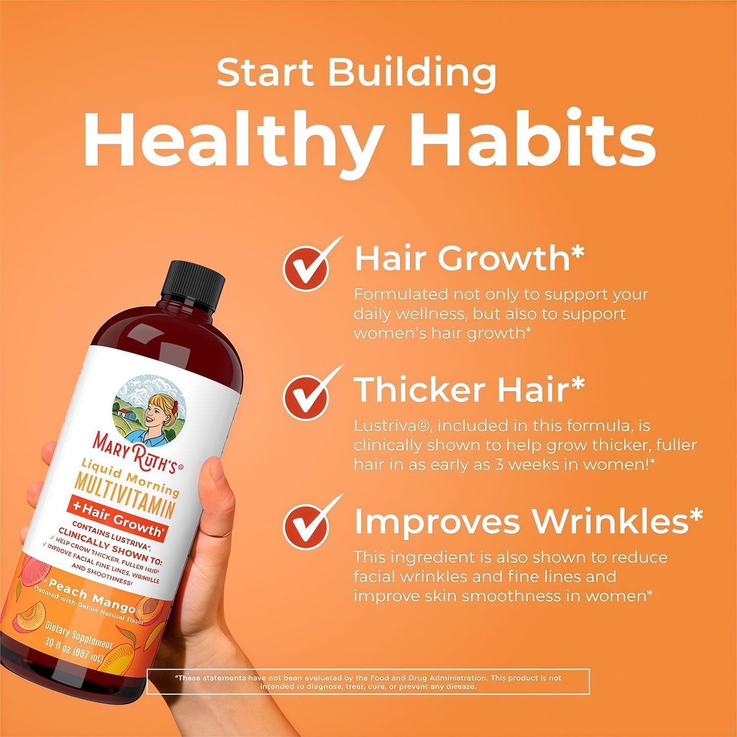 MaryRuth Organics Liquid Multivitamin+Hair Growth | Biotin 10000mcg | Lustriva Hair Growth Supplement | Clinically Tested in Women for Thicker Hair&Facial Wrinkle | Skin Care | Ages 18+